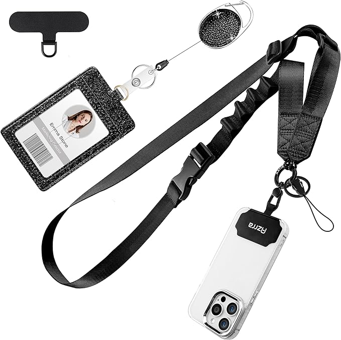 Azrra Adjustable Crossbody Cell Phone Lanyard for iPhone with Phone Tethers & Retractable ID Badge Card Holder (Bling Black)