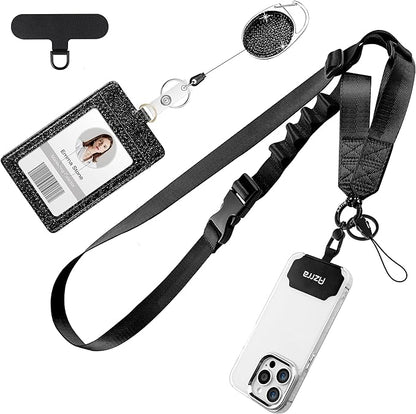 Azrra Adjustable Crossbody Cell Phone Lanyard for iPhone with Phone Tethers & Retractable ID Badge Card Holder (Bling Black)