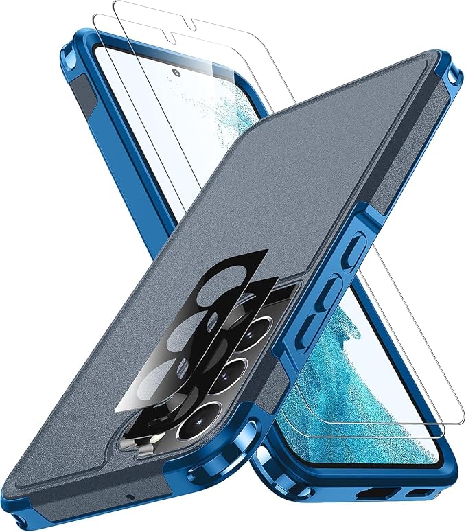 SPIDERCASE Designed for Samsung Galaxy S22 Case, [10 FT Military Grade Drop Protection],2 Pack [Tempered Glass Screen Protector+Camera Lens Protector] Heavy Duty Shockproof Case,Blue