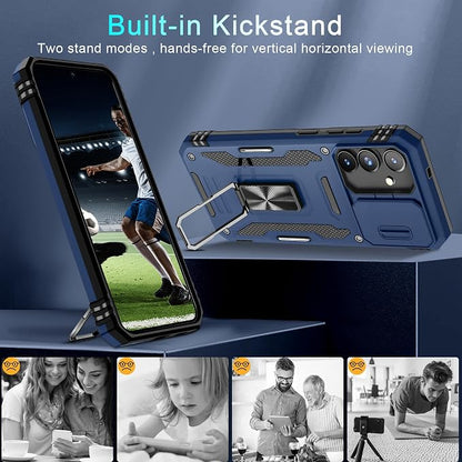 DEERLAMN Case for Samsung Galaxy S25 6.2-Inch with Slide Camera Cover+Screen Protector (1 Pack), Rotated Ring Kickstand Military Grade Shockproof Protective Cover-Navy Blue