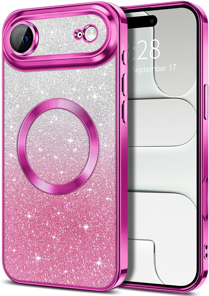 Hython for iPhone Air Case Glitter Clear Magnetic Phone Cases [Compatible with MagSafe] Full Camera Lens Protector Sparkle Luxury Plating Slim Shockproof Protective Cover, Gradient Hot Pink