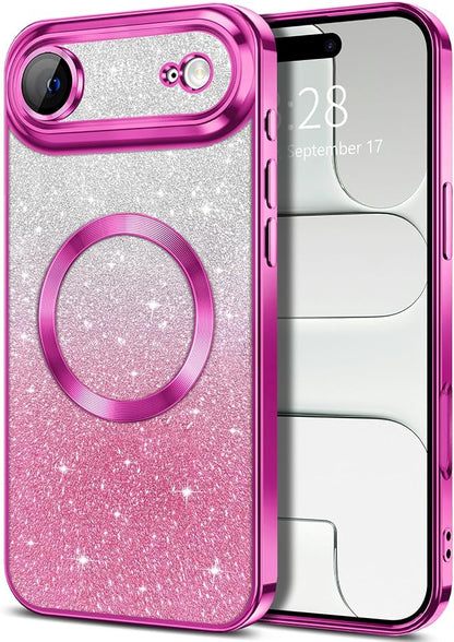 Hython for iPhone Air Case Glitter Clear Magnetic Phone Cases [Compatible with MagSafe] Full Camera Lens Protector Sparkle Luxury Plating Slim Shockproof Protective Cover, Gradient Hot Pink