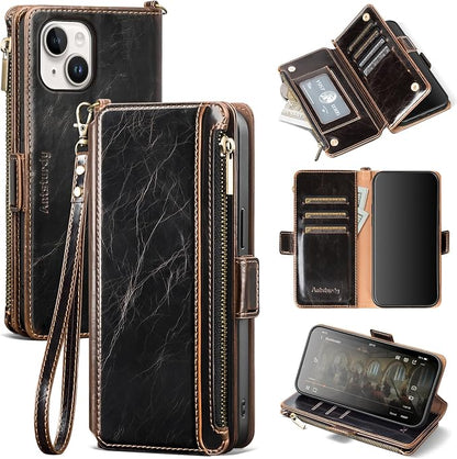Antsturdy Compatible with iPhone 14 Wallet Case RFID Blocking,PU Leather Phone Case Women Men Flip Shockproof Cover with Wrist Strap Zipper Pocket Credit Card Holder Slots,for Apple 14 6.1"(Coffee)