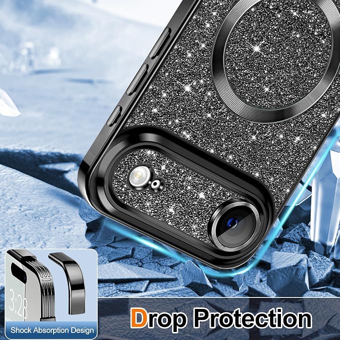 Hython for iPhone Air Case Glitter Clear Magnetic Phone Cases [Compatible with MagSafe] Full Camera Lens Protector Sparkle Luxury Plating Slim Shockproof Protective Cover Women, Black