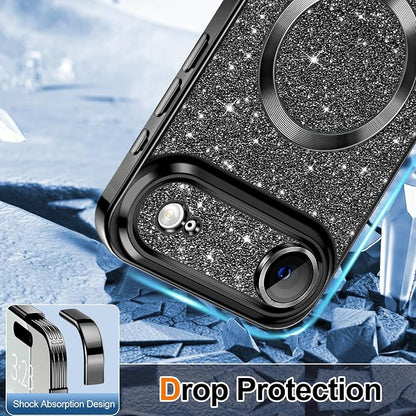 Hython for iPhone Air Case Glitter Clear Magnetic Phone Cases [Compatible with MagSafe] Full Camera Lens Protector Sparkle Luxury Plating Slim Shockproof Protective Cover Women, Black