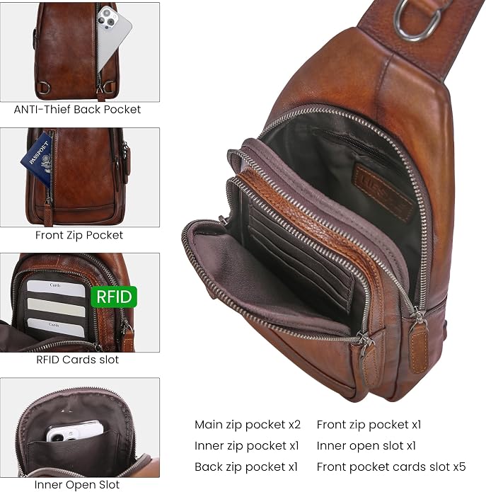 HESHE Leather Sling Bag for Women Crossbody Bags with Multi-Pocket Stylish Fanny Packs for Travel Chest Bag