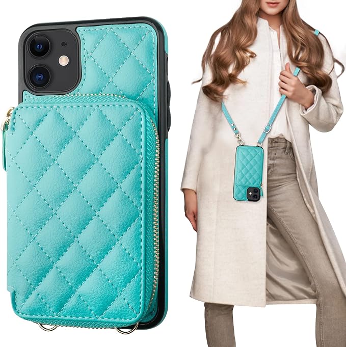 Bocasal Crossbody Wallet Case for iPhone 11, RFID Blocking PU Leather Zipper Handbag Purse Flip Cover, Kickstand Folio Case with Card Slots Holder Wrist Strap Lanyard 6.1 Inch (Mint Green)
