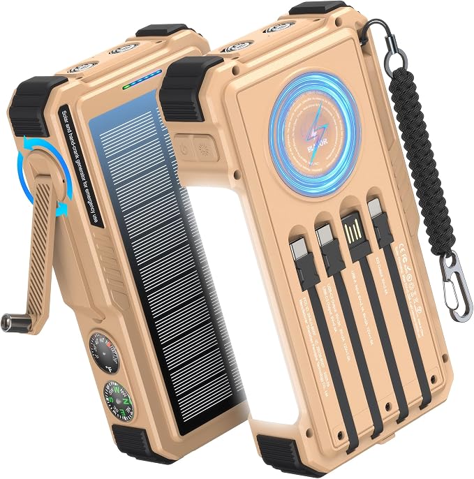 BLAVOR Solar Power Bank with Hand Crank and 4 Cables, 20000mAh Wireless Portable Charger with USB C & Camping Light, 20W Fast Charging Battery Pack for iPhone, iPad, Samsung, All Mobile Phones