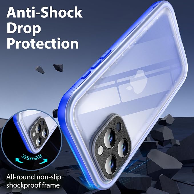 SPORTLINK for iPhone 16 Pro Max Case with Screen Protector,IP68 Underwater/6.6FT Military Dropproof/Dustproof/Heavy Duty Full Body Phone Case for Apple iPhone 16 Pro Max 6.9 inch Blue/Frosted Clear