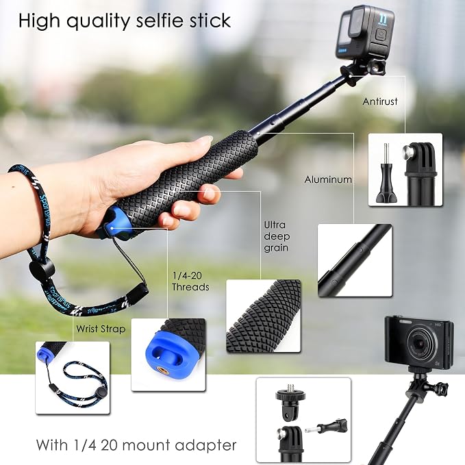 7''-23'' Extendable Selfie Stick for GoPro, Waterproof Handle Grip Monopod Portable Extension Pole for Hero 13 12 11 10 9 8 7 6/AKASO/DJI Osmo Action 6 5 Pro 4 3, Ideal for Travel Vlog