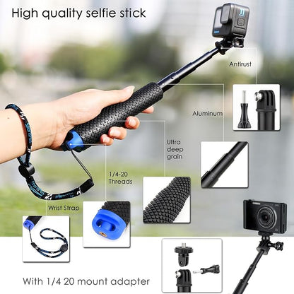 7''-23'' Extendable Selfie Stick for GoPro, Waterproof Handle Grip Monopod Portable Extension Pole for Hero 13 12 11 10 9 8 7 6/AKASO/DJI Osmo Action 6 5 Pro 4 3, Ideal for Travel Vlog
