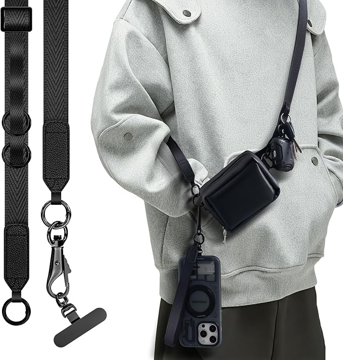 Phone Lanyard Crossbody, Clip and Go Phone Strap Crossbody, Adjustable Cell Phone Strap with Detachable Pouch for All Smartphones, Black