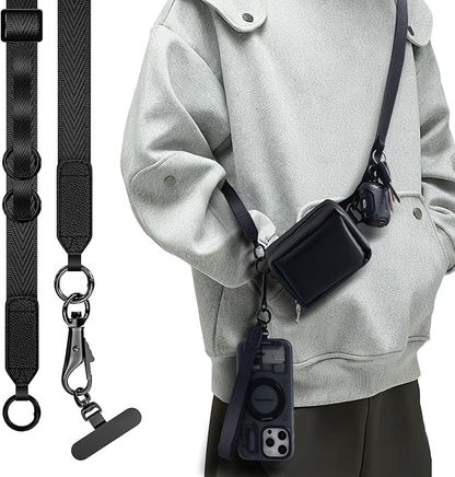 Phone Lanyard Crossbody, Clip and Go Phone Strap Crossbody, Adjustable Cell Phone Strap with Detachable Pouch for All Smartphones, Black