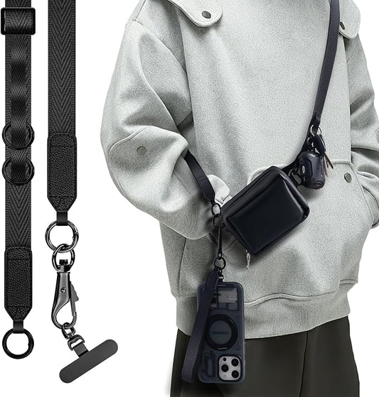 Phone Lanyard Crossbody, Clip and Go Phone Strap Crossbody, Adjustable Cell Phone Strap with Detachable Pouch for All Smartphones, Black