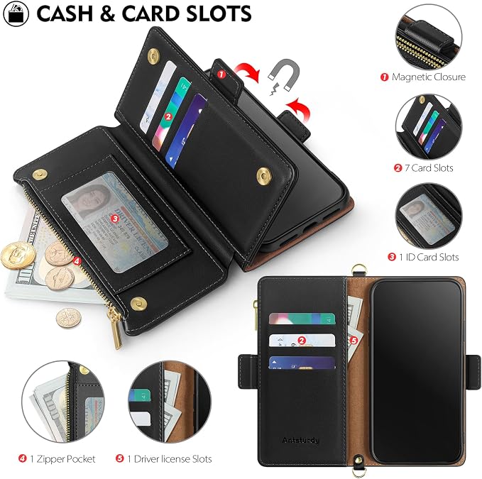 Antsturdy Compatible with iPhone 17 Pro Wallet Case for Women【RFID Blocking】 Crossbody Phone Case PU Leather Zipper with Wrist Strap Flip Folio Cover Credit Card Holder for Apple 17 Pro 6.3",Black