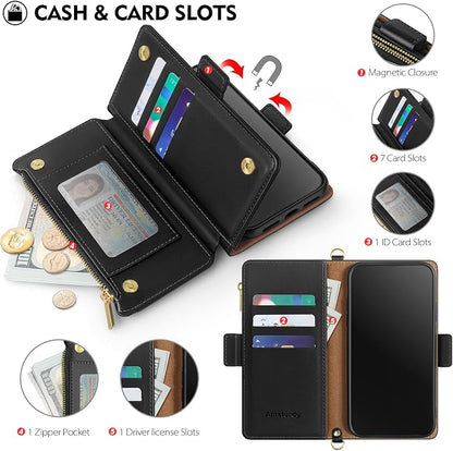 Antsturdy Compatible with iPhone 17 Pro Wallet Case for Women【RFID Blocking】 Crossbody Phone Case PU Leather Zipper with Wrist Strap Flip Folio Cover Credit Card Holder for Apple 17 Pro 6.3",Black