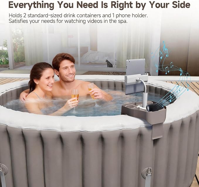 POOLCOMFT Hot Tub Table Tray with Adjustable Phone Holder, Caddy Holds 2 Drinks for Outdoor Inflatable Pool & Spa, Hot Tub Accessories for Adults, Idea Gifts for Women, Mom