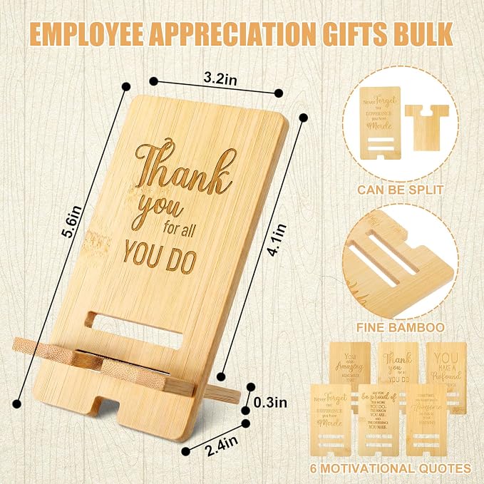 Ripeng 12 Pcs Employee Appreciation Gifts Bulk Bamboo Phone Stand for Desk Office Worker Thank You Gift for Administrative Team Coworkers Staff Graduation Nurse Teacher Week (Assorted Inspirational)