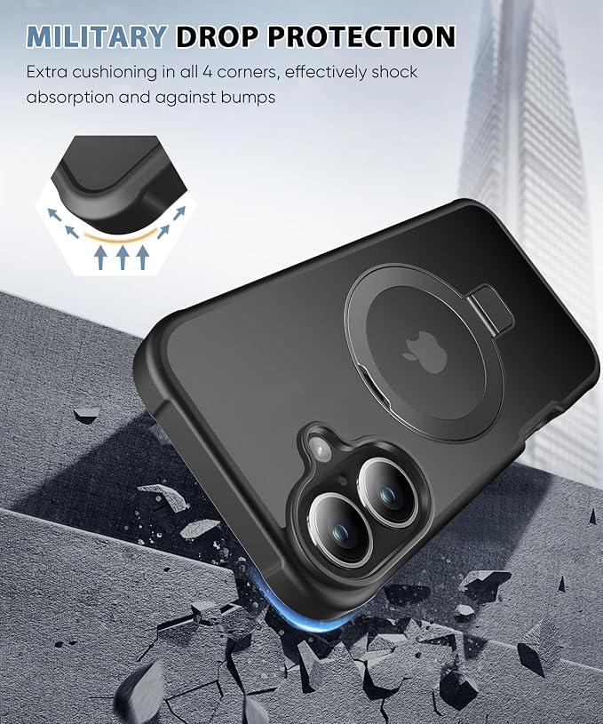 for iPhone 16 Case, with Screen Protector + Camera Lens Protector, Built-in Seamless Stand, [Compatible with MagSafe] Protective Shockproof Phone Case, Matte Back Cover for 6.1" - Black