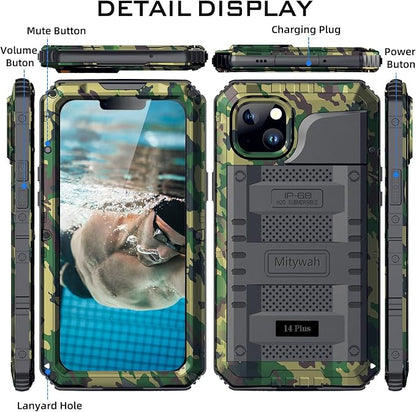 Mitywah Waterproof Case for iPhone 14 Plus, Heavy Duty Shockproof Case with Built-in Screen Protector, Full Body Underwater Protective Metal Case 6.7 inch, Camouflage