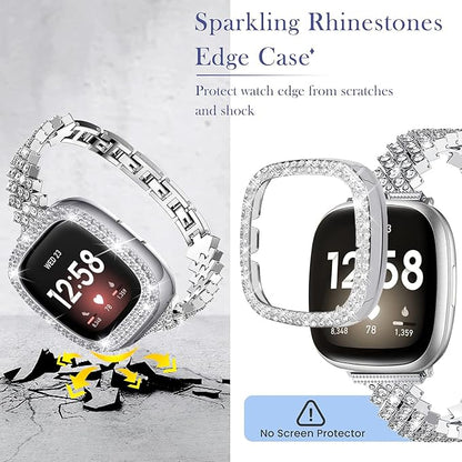 Bling Watch Band Compatible with Fitbit Versa 4/ Fitbit Sense 2 for Women, Adjustable Crystal Alloy Strap Rhinestone Stainless Steel Metal Wristband Replacement for Fitbit Sense2/Versa 4(Silver)