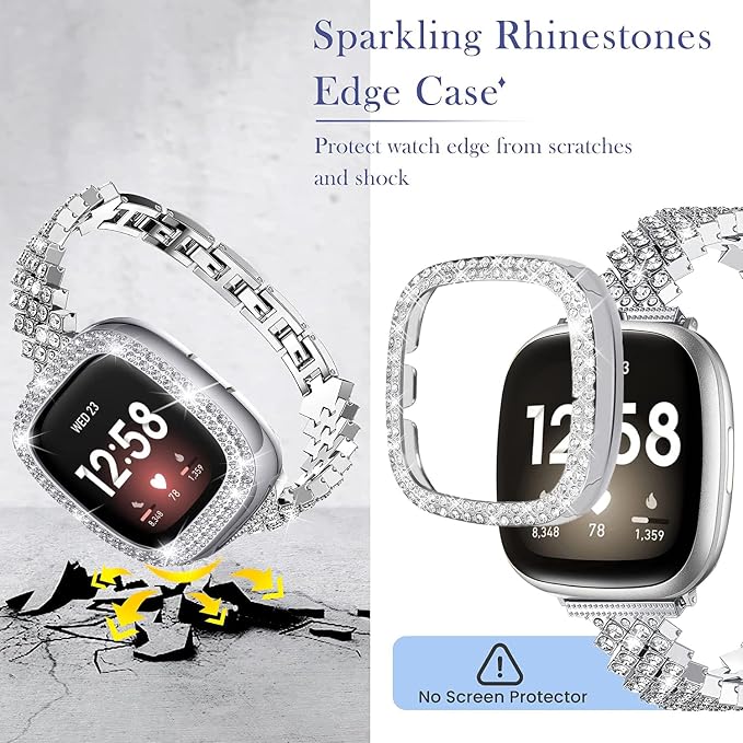 Bling Watch Band Compatible with Fitbit Versa 3/Fitbit Sense for Women, Adjustable Crystal Alloy Strap Rhinestone Stainless Steel Metal Wristband Replacement for Fitbit Sense/Versa 3 (Silver)