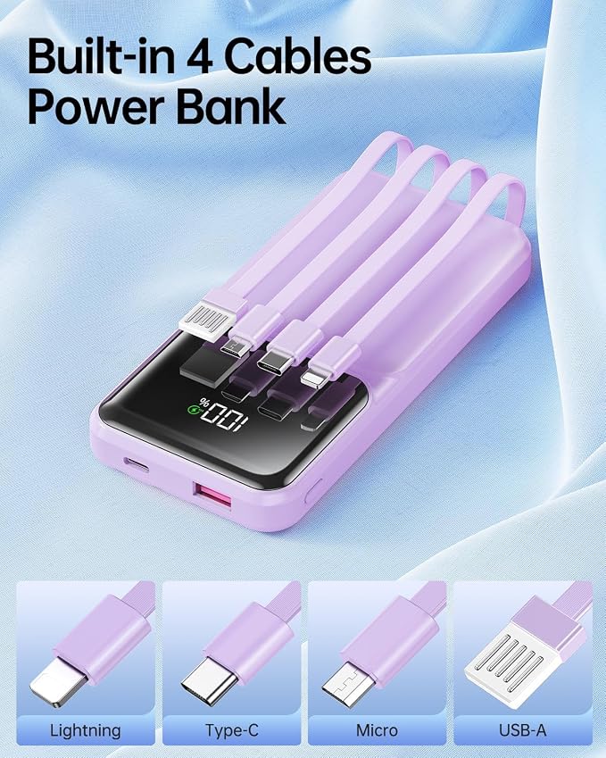 RONEGN Portable Charger with Built in Cable - 22.5W Power Bank Fast Charging USB C LED Display 10000mAh Travel Battery Pack 5 Outputs & 3 Inputs for iPhone Samsung Android iPad Phones Tablets etc