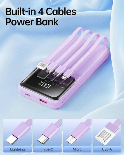 RONEGN Portable Charger with Built in Cable - 22.5W Power Bank Fast Charging USB C LED Display 10000mAh Travel Battery Pack 5 Outputs & 3 Inputs for iPhone Samsung Android iPad Phones Tablets etc
