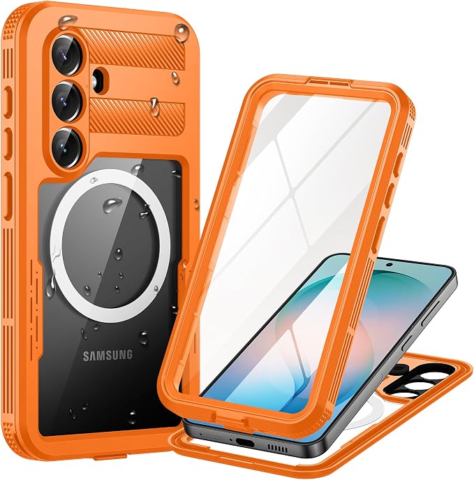 Lanhiem Magnetic for Samsung Galaxy S26 Case, IP68 Waterproof Dustproof Case, [Compatible with Magsafe] [Built-in Screen Protector] Full Body Heavy Duty Rugged Phone Cover 6.3 inch, Cosmic Orange