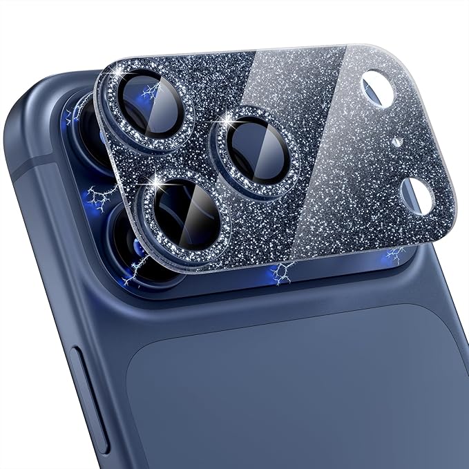 Choiche Compatible for iPhone 17 Pro Max Camera Lens Protector, Bling Camera Cover with 9H Tempered Glass Lens Screen Protector Metal Ring Decoration Accessories 6.9-inch (Glitter-Blue)