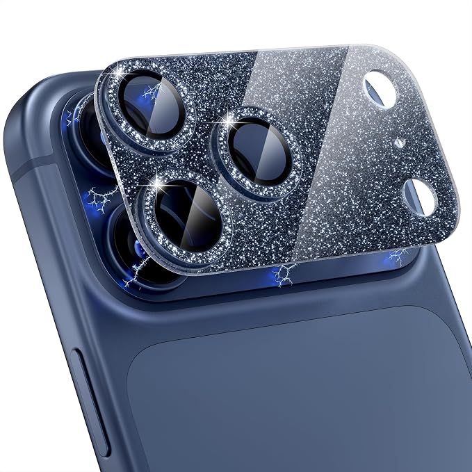 Choiche Compatible for iPhone 17 Pro Camera Lens Protector, Bling Camera Cover with 9H Tempered Glass Lens Screen Protector Metal Ring Decoration Accessories 6.3-inch (Glitter-Blue)