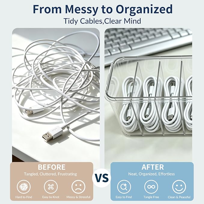 TexHome Cable Organizer Boxes Clear Charger Cable Storage Boxes with Lid and Cable Straps, Plastic Electronics Cord Organizer for Office Desk Home Drawer Accessories Storage, Clear
