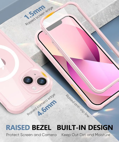 Compatible with iPhone 14 Case, Built-in Screen Protector, with Camera Lens Protector, [Compatible with MagSafe] Full Body Phone Case, Magnetic Protective Cover for 14 6.1" (Pink)