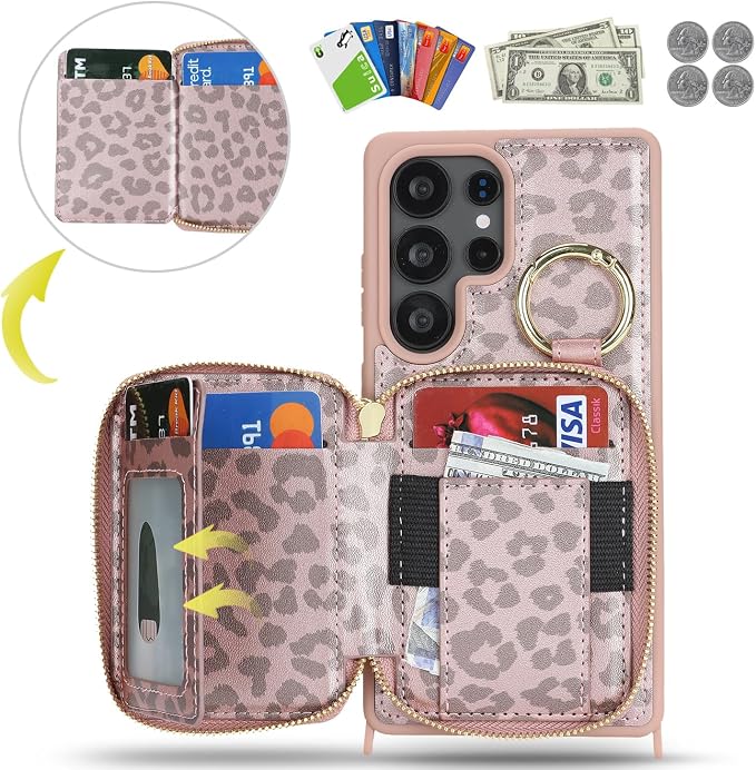Crossbody Wallet Case for Galaxy S25 Ultra, PU Leather Zipper Handbag Purse Flip Cover, Kickstand Folio Case with Card Slots Holder Wrist Strap Lanyard -Pink Leopard