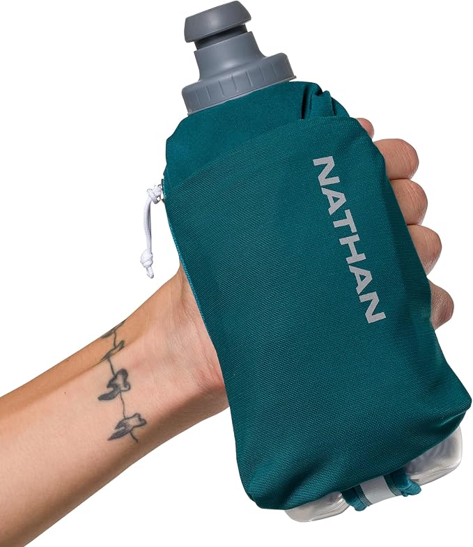 Nathan SpeedDraw 2 Insulated Handheld Running Water Bottle Flask – Double-Wall Insulation, Ergonomic Grip, Blast Valve Cap, Phone & Key Storage Pockets, Reflective Design, 12oz Insulated - Deep Teal
