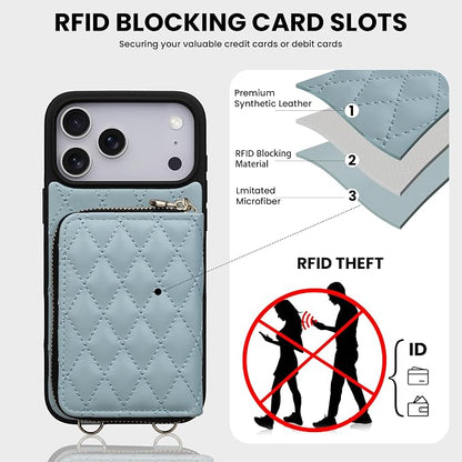 Keallce Case for iPhone 17 Pro Max 6.9'' Wallet Case, Crossbody Zipper Purse with Wrist Strap Lanyard Handbag, RFID Blocking Card Holders, Kickstand Flip Leather Cover for iPhone 17 Pro Max, Blue