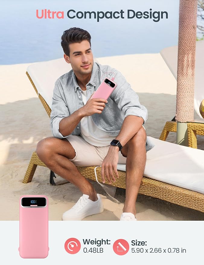 12000mAh Lightweight-Portable-Charger-Power-Bank with Built-in Cables and AC Wall Plug, PD20W USB-C Fast Charging Battery Pack, LED Display External Travel Phone Charger for All iPhone,Samsung,Android