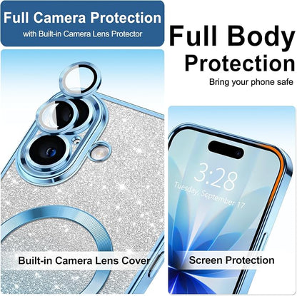Hython for iPhone 17 Case Glitter Clear Magnetic Phone Cases [Compatible with MagSafe] Full Camera Lens Protector Sparkle Luxury Plating Slim Shockproof Protective Cover, Gradient Light Blue