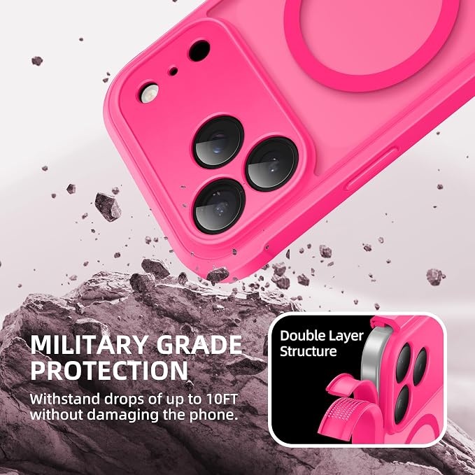 BERFY for iPhone 17 Pro Case, Compatible with MagSafe, Built-in Glass Screen Protector, Camera Protection, Shockproof Full Body Phone case 6.3", Translucent Hot Pink