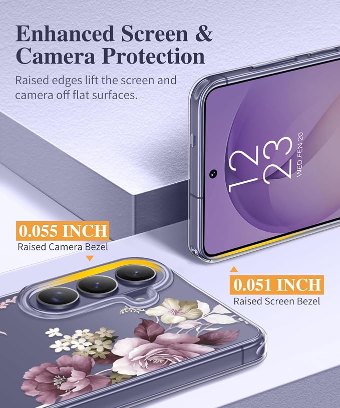 GVIEWIN for Samsung Galaxy S26 Case, Clear Floral Slim Shockproof Protective Women Phone Case, Non-Yellowing, with Screen Protector & Camera Lens Protector for Galaxy S26 6.3", Cherry Blossoms/Purple