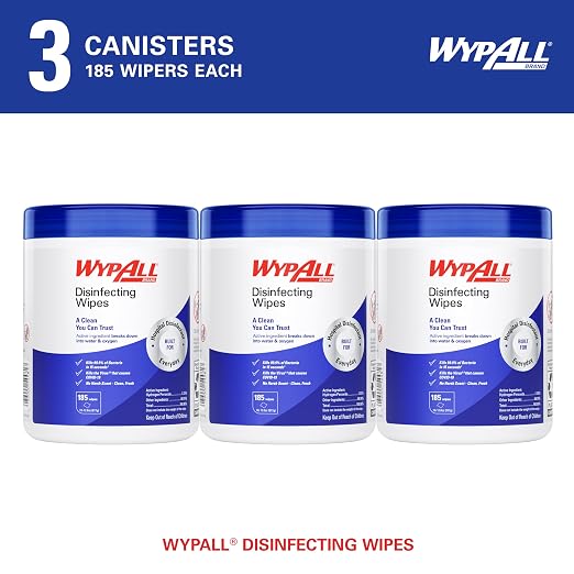 WypAll Disinfecting Wipes (54481), with Hydrogen Peroxide Disinfectant Cleaner for Commercial, Industrial & Healthcare, 5.75 x 7 inch Sheets, Fresh Scent (3 Canisters of 185 Sheets)