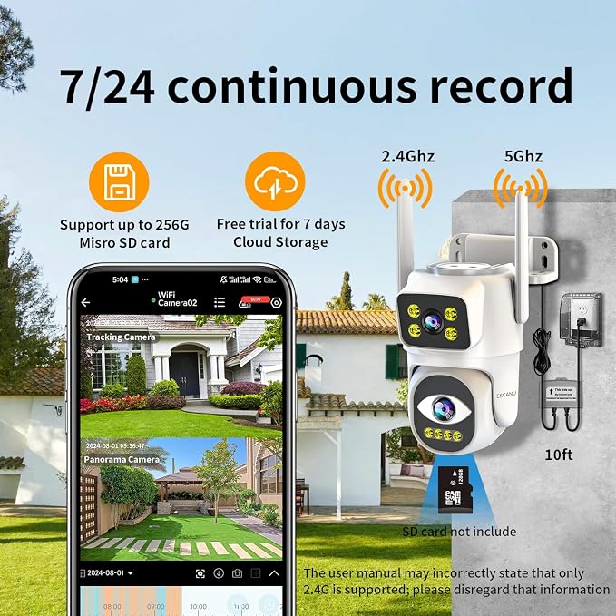 Dual Lens Cameras for Home Security,2.4G/5G PTZ Outdoor Plug-in Camera,Motion Tracking,Night Vision,24/7 Continous Recording,Work With NVR/DVR Surveillance System,Weather Proof,SD/Cloud Storage