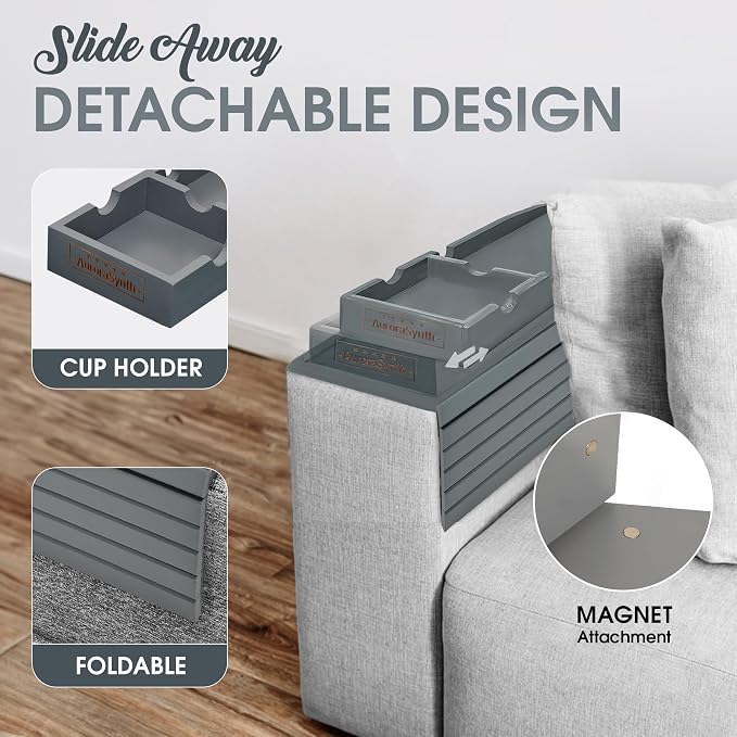 Couch Cup Holder Tray with 2 Cork Coasters, Couch Caddy, Anti-Slip Foldable Armrest Sofa Tray, Couch Armrest Table, Anti-Spill Holder for Remote, Snacks, Cellphone - Ideal Gift (Grey)
