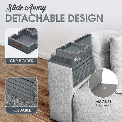 Couch Cup Holder Tray with 2 Cork Coasters, Couch Caddy, Anti-Slip Foldable Armrest Sofa Tray, Couch Armrest Table, Anti-Spill Holder for Remote, Snacks, Cellphone - Ideal Gift (Grey)