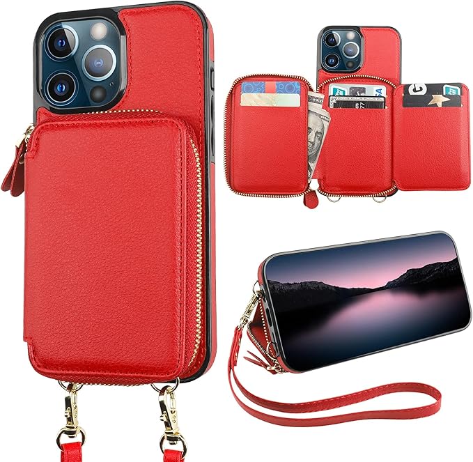 Bocasal RFID Blocking Wallet Case for iPhone 13 Pro Max, Adjustable Crossbody Zipper Purse with Kickstand and Detachable Wrist Strap, PU Leather Flip Folio Case 6.7 Inch 5G (Red)