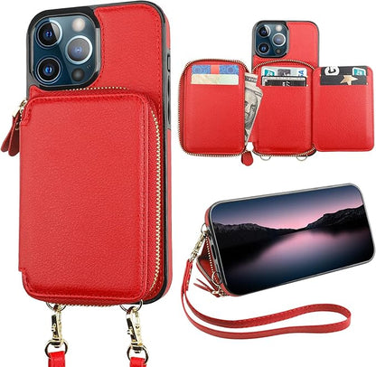 Bocasal RFID Blocking Wallet Case for iPhone 13 Pro Max, Adjustable Crossbody Zipper Purse with Kickstand and Detachable Wrist Strap, PU Leather Flip Folio Case 6.7 Inch 5G (Red)