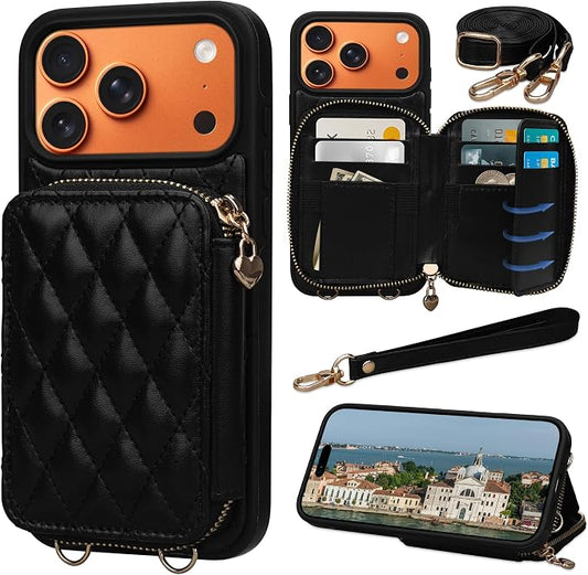 Keallce Case for iPhone 17 Pro Max 6.9'' Wallet Case, Crossbody Zipper Purse with RFID Blocking Card Slots Kickstand, Lanyard & Handstrap Flip Leather Cover for iPhone 17 Pro Max, Black