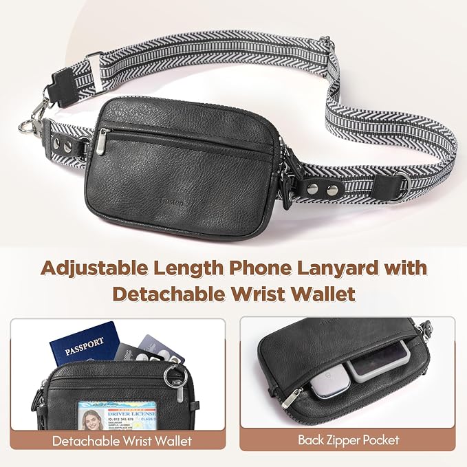 Tiostep Clip and Go Strap for Phone with Wallet Crossbody Phone Lanyard Adjustable and Anti-Theft Leather Purse with RFID Zipper Pouch for Travel Daily Life. Black Medium