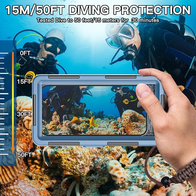 Underwater Snorkeling Diving Phone Case, Universal Waterproof Phone Case for iPhone 17/16/15/14/13/12/11Pro Max/XR/XS/X for Samsung Galaxy S24/S23/S22/S21,Scuba Underwater Photo Video Housing(Blue)
