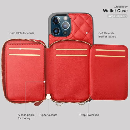 Bocasal Crossbody Wallet Case for iPhone 13 Pro Max, RFID Blocking PU Leather Zipper Handbag Purse Flip Cover, Kickstand Folio Case with Card Slots Holder Wrist Strap Lanyard 5G 6.7 Inch (Red)